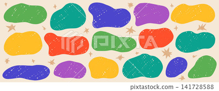 Organic kid shapes with wobbly abstract blobs and freeform crayon spots. Childish hand drawn element set with playful doodle stars for nursery card. Vector organic blob figures on beige background Organic kid shapes with wobbly abstract blobs and freeform crayon spots. Childish hand drawn element set with playful doodle stars for nursery card. Vector organic blob figures on beige background 141728588