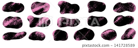 Bold rough abstract blob with squishy organic form for grunge poster and sticker. Irregular abstract shape with pink grainy spray on white. Vector set of rough textured papercut elements isolated Bold rough abstract blob with squishy organic form for grunge poster and sticker. Irregular abstract shape with pink grainy spray on white. Vector set of rough textured papercut elements isolated 141728589