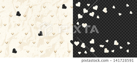Crumpled paper frame with cutout love hearts, confetti and tactile journal pattern. Vector beige backdrop with korean texture for a wedding card. Crumpled rice paper with accents for Valentines card 141728591