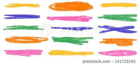 Handwriting annotation underline with playful crayon highlight. Brush pencil line texture in vibrant colors for children school. Colorful vector hand drawn annotation shapes set for design projects Handwriting annotation underline with playful crayon highlight. Brush pencil line texture in vibrant colors for children school. Colorful vector hand drawn annotation shapes set for design projects 141728592