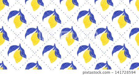 Lemon dot seamless pattern with blue fruit and yellow accent on white background. Hand drawn seamless argyle and geometric whimsical motif for Italian print. Floral vector pattern with bold feel Lemon dot seamless pattern with blue fruit and yellow accent on white background. Hand drawn seamless argyle and geometric whimsical motif for Italian print. Floral vector pattern with bold feel 141728594