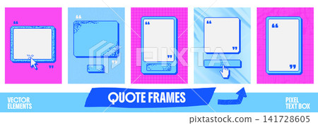 Bright callout and box set with quote panels. Pink blue and purple backgrounds with grid and glossy film paper texture. Vector callout and box frames for social media post or presentation design Bright callout and box set with quote panels. Pink blue and purple backgrounds with grid and glossy film paper texture. Vector callout and box frames for social media post or presentation design 141728605