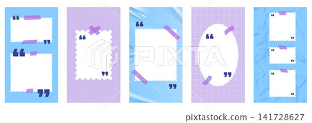 Quote frame set with text boxes and postage borders. Blue lilac panels show paper texture and rectangle, oval cutouts. Vector quote frame collection for social media story or promo cards design 141728627