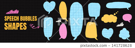 Speech bubble set with crumpled paper callouts and heart shapes. Blue pink and yellow forms show graph lines against a black grid. Cheerful vector speech and bubble set for greeting card design Speech bubble set with crumpled paper callouts and heart shapes. Blue pink and yellow forms show graph lines against a black grid. Cheerful vector speech and bubble set for greeting card design 141728628