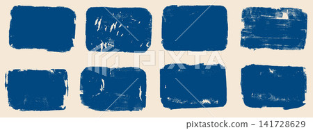 Paint rectangle figure with blue grunge texture and text box shape callout for poster. Indigo painted blocks on cream backdrop with rough stamped edge. Vector blue tagged set isolated for sale promo Paint rectangle figure with blue grunge texture and text box shape callout for poster. Indigo painted blocks on cream backdrop with rough stamped edge. Vector blue tagged set isolated for sale promo 141728629