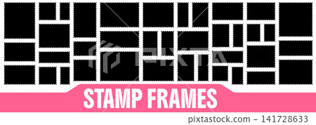 Stamp and postage frame collection with flat rectangular silhouettes and serrated edges. Black postage shapes. Simple vector stamp set for poster design Stamp and postage frame collection with flat rectangular silhouettes and serrated edges. Black postage shapes. Simple vector stamp set for poster design 141728633