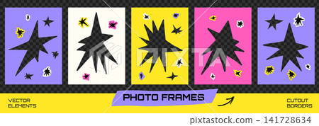Paper frame set with angular star photo cutouts and stickers. Violet yellow pink and cream panels hold irregular windows. Bold vector paper frame set for scrapbook layout or social media post bg 141728634