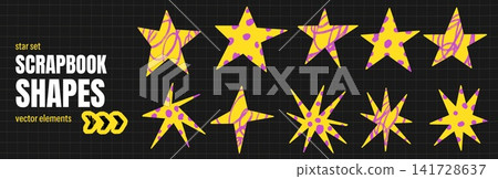 Star handmade set with pencil drawn forms and pointed silhouettes. Yellow shapes with purple polka dots with paper scraps. Craft vector star handmade set for scrapbook page design or social media Star handmade set with pencil drawn forms and pointed silhouettes. Yellow shapes with purple polka dots with paper scraps. Craft vector star handmade set for scrapbook page design or social media 141728637