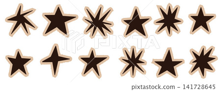 Paper star collection with collage shapes and soft hand drawn points. Black silhouettes feature warm beige outlines and subtle worn texture. Rustic vector paper star set for notebook cover design Paper star collection with collage shapes and soft hand drawn points. Black silhouettes feature warm beige outlines and subtle worn texture. Rustic vector paper star set for notebook cover design 141728645