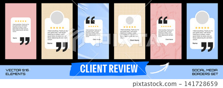 Client review set of six quote cards with speech bubbles. Pastel pink blue and beige backgrounds mix glossy folds with paper grain and grids. Vector client review collection for social media story 141728659