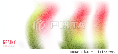 Trio of unfocused flower shapes with grainy spring atmosphere for poster and book cover. Gentle red and green floral gradation on white. Vector flower background with dreamy unfocused haze for promo 141728660