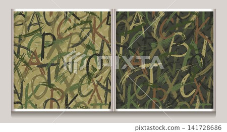 Seamless khaki green camo pattern with doodles Seamless khaki green camo pattern with doodles 141728686