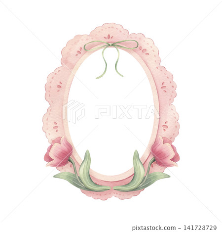 Pink lace oval frame with tulips, green bow. Hand-painted watercolor illustration isolated on white for wedding stationery, greeting cards, feminine branding, invitations, packaging, poster, scrapbook Pink lace oval frame with tulips, green bow. Hand-painted watercolor illustration isolated on white for wedding stationery, greeting cards, feminine branding, invitations, packaging, poster, scrapbook 141728729
