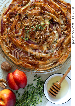 Pie with nectarines and camembert. Pie with nectarines and camembert. 141728813
