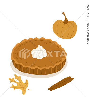 Pumpkin pie topped with whipped cream, accompanied by a small pumpkin, cinnamon sticks, and autumn leaves, creating a seasonal food display Pumpkin pie topped with whipped cream, accompanied by a small pumpkin, cinnamon sticks, and autumn leaves, creating a seasonal food display 141729263