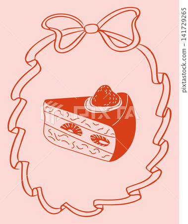 Illustration of a slice of cake with strawberries and cream, framed by a decorative ribbon bow on a soft pink background Illustration of a slice of cake with strawberries and cream, framed by a decorative ribbon bow on a soft pink background 141729265