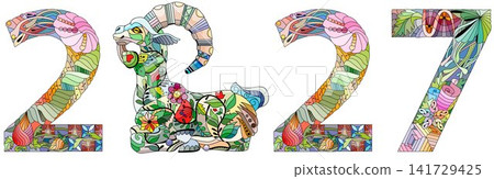 2027 number design with a goat pattern. Cute vector Illustration for decoration 2027 number design with a goat pattern. Cute vector Illustration for decoration 141729425