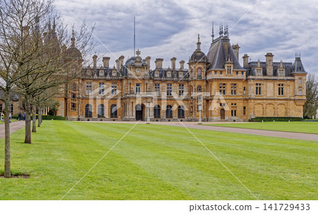 Grand Neo-Renaissance facade of Waddesdon Manor under a cloudy sky in Buckinghamshire 141729433
