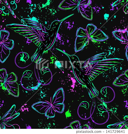 Neon outline pattern with coilibri, butterfly Neon outline pattern with coilibri, butterfly 141729641