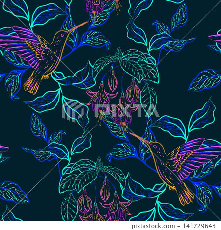 Seamless fluorescent outline pattern with colibri Seamless fluorescent outline pattern with colibri 141729643