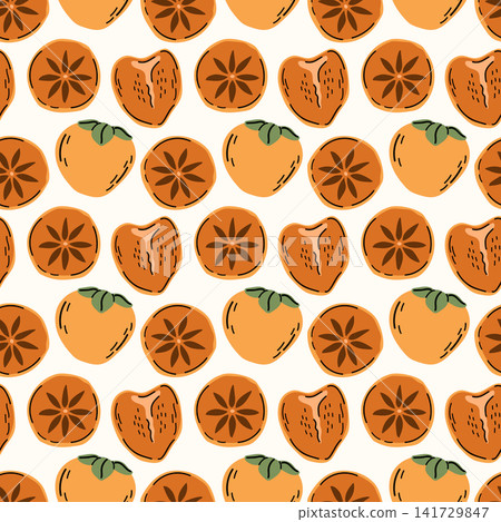 Colorful Seamless Persimmon Pattern with Whole and Sliced Fruits Colorful Seamless Persimmon Pattern with Whole and Sliced Fruits 141729847