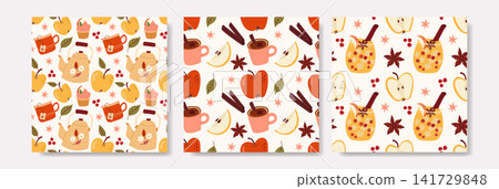 Cozy Autumn Apple Tea Seamless Pattern Set with Teapots and Cinnamon Cozy Autumn Apple Tea Seamless Pattern Set with Teapots and Cinnamon 141729848