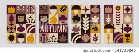 Retro Autumn Geometric Poster Collection with Seasonal Nature Icons Retro Autumn Geometric Poster Collection with Seasonal Nature Icons 141729849