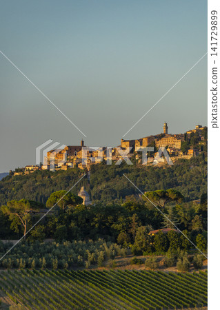 Montepulciano ancient hilltop town overlooking Tuscany vineyards Montepulciano ancient hilltop town overlooking Tuscany vineyards 141729899