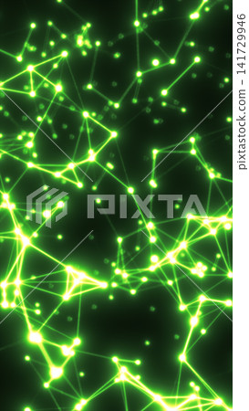 Glowing green digital network with connected nodes, bright data points, and abstract technology mesh on dark background. Glowing green digital network with connected nodes, bright data points, and abstract technology mesh on dark background. 141729946