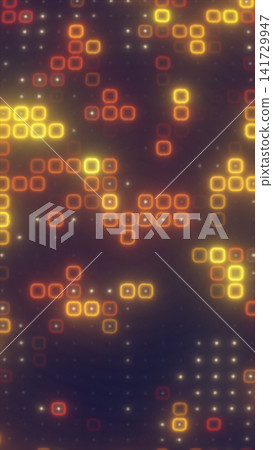Abstract glowing pixel grid with yellow and orange square lights, digital pattern, and futuristic technology background. 141729947