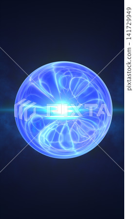 Blue glowing energy orb with electric arcs, bright central flare, and translucent plasma surface on a dark futuristic background. Blue glowing energy orb with electric arcs, bright central flare, and translucent plasma surface on a dark futuristic background. 141729949