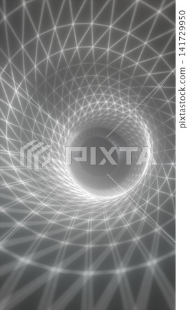 White wireframe vortex with geometric mesh lines on a gray abstract background, suggesting digital networks, portals, and futuristic depth. White wireframe vortex with geometric mesh lines on a gray abstract background, suggesting digital networks, portals, and futuristic depth. 141729950