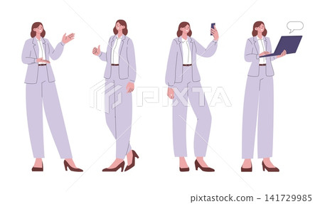 Woman in official suit. Business girl with laptop, remote conversation, take selfie. Professional character, administrator, office time manager, vector set Woman in official suit. Business girl with laptop, remote conversation, take selfie. Professional character, administrator, office time manager, vector set 141729985