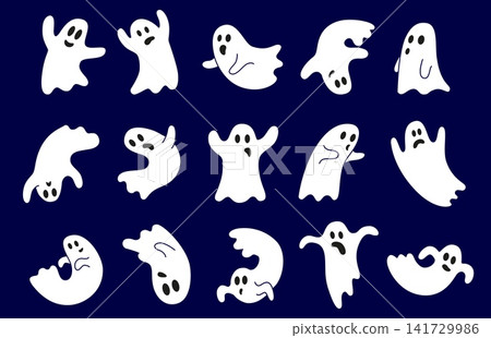White ghosts characters. Halloween ghost different poses. Emotional autumn festival persons. Cartoon characters in white fabric, vector set White ghosts characters. Halloween ghost different poses. Emotional autumn festival persons. Cartoon characters in white fabric, vector set 141729986