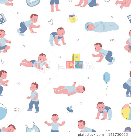 Baby boy seamless pattern. Cute male newborn characters in blue cloth and different nursery accessories. Cartoon print for fabric, wallpaper, vector background 141730023