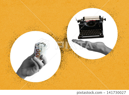 Hands holding cash and presenting vintage typewriter for freelance writing income. Hands holding cash and presenting vintage typewriter for freelance writing income. 141730027