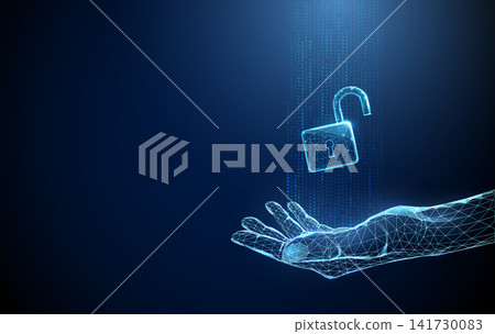 3D blue hand with data dots and open padlock. Access control, data security, digital touch, network privacy, information stream, trust, biometric, protection concept 3D blue hand with data dots and open padlock. Access control, data security, digital touch, network privacy, information stream, trust, biometric, protection concept 141730083