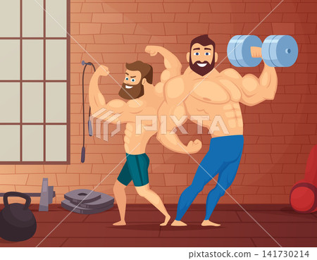 Bodybuilders flexing muscles in gym vector illustration Bodybuilders flexing muscles in gym vector illustration 141730214