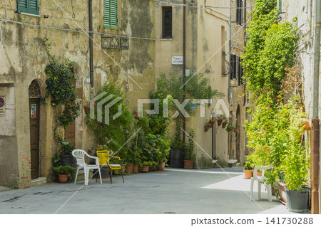 Pitigliano street scene with old buildings and green plants 141730288