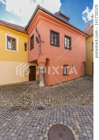 Colorful old town street with historic buildings in Trebic 141730329