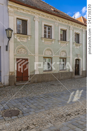 Historic building facade in Trebic city, Czechia Historic building facade in Trebic city, Czechia 141730330
