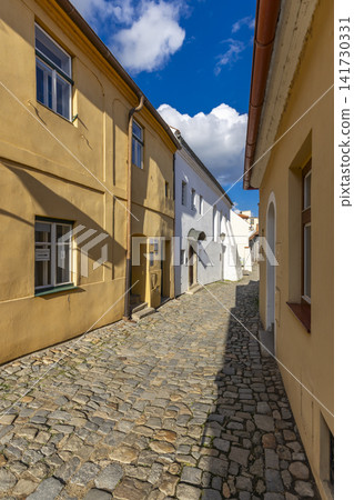 Trebic old Jewish quarter street with historic buildings Trebic old Jewish quarter street with historic buildings 141730331