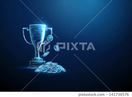 3D blue sport cup and pile of coins with falling coins. Sports betting winnings, winning money, jackpot payout, gambling profit, prize fortune, cash reward concept 3D blue sport cup and pile of coins with falling coins. Sports betting winnings, winning money, jackpot payout, gambling profit, prize fortune, cash reward concept 141730576