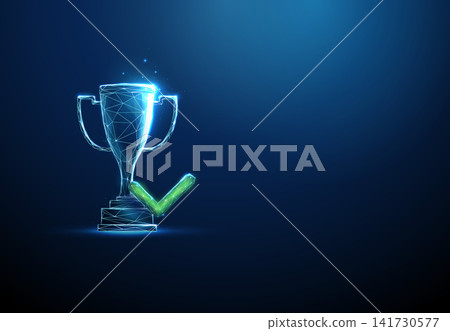 3D blue trophy with green check mark. Victory, approval, verification, success, quality, achievement, guarantee, reliability, trust, standard, premium, pass concept 3D blue trophy with green check mark. Victory, approval, verification, success, quality, achievement, guarantee, reliability, trust, standard, premium, pass concept 141730577