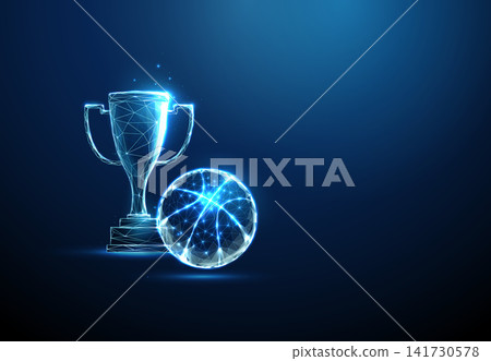 3D blue sport cup with basketball. Basketball championship, tournament victory, winner trophy, team success, sport competition, champion league, triumph concept 3D blue sport cup with basketball. Basketball championship, tournament victory, winner trophy, team success, sport competition, champion league, triumph concept 141730578