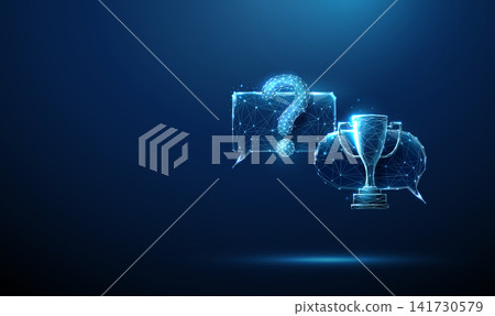 3D blue chat bubbles with question mark and sport cup. Sports quiz, victory question, championship answer, winning dialogue, competition faq, advice, success concept 3D blue chat bubbles with question mark and sport cup. Sports quiz, victory question, championship answer, winning dialogue, competition faq, advice, success concept 141730579