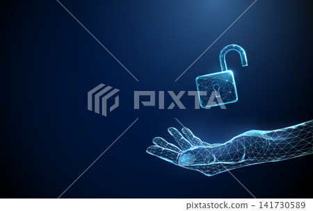 3D blue opened lock in hand. Cybersecurity, data access, unlock, digital privacy, secure login, identity, safety, solution search, smart decision, protection concept 141730589
