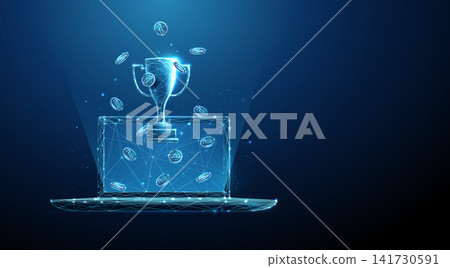3D blue laptop with sport cup and falling coins. Online sports betting, winning money, betting payout, jackpot win, gambling profit, fortune, cash reward concept 3D blue laptop with sport cup and falling coins. Online sports betting, winning money, betting payout, jackpot win, gambling profit, fortune, cash reward concept 141730591