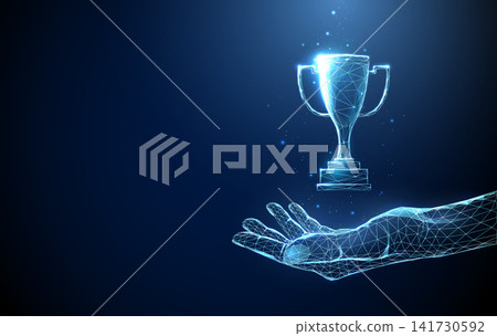 3D blue hand with sport cup. Victory, success, holding trophy, championship glory, achievement reward, competition, first place, winner celebration, prize concept 3D blue hand with sport cup. Victory, success, holding trophy, championship glory, achievement reward, competition, first place, winner celebration, prize concept 141730592