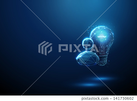 3D blue lightbulb and avatar. Creative idea, innovation, virtual assistant, inspiration, solution, brainstorming, knowledge, problem solving, imagination concept 3D blue lightbulb and avatar. Creative idea, innovation, virtual assistant, inspiration, solution, brainstorming, knowledge, problem solving, imagination concept 141730602